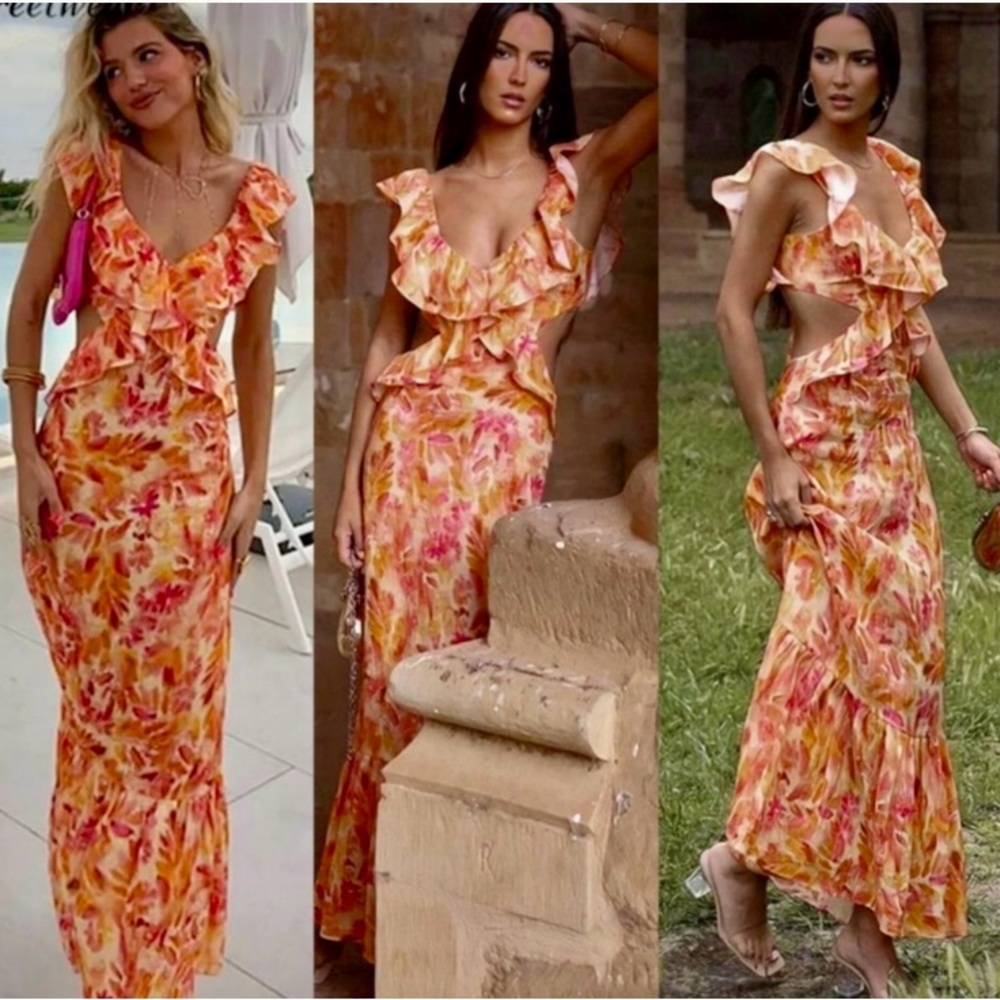 NEW Zara Linen Midi Dress Ruffles V-Neckline Cut-Out Watercolor Orange Size XL